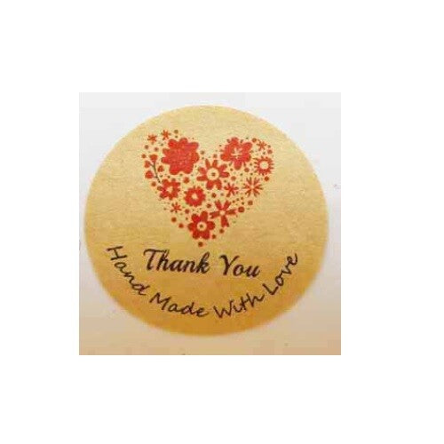 Round Flower Heart Labels Thank You Hand Made Gift Craft Stickers Label 3cm - Brown
