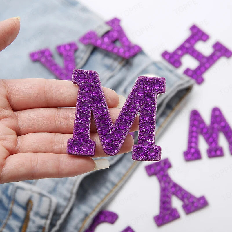 5.5cm 3D Rhinestone Purple Patches Letter Alphabet Patch Iron on Letters Words