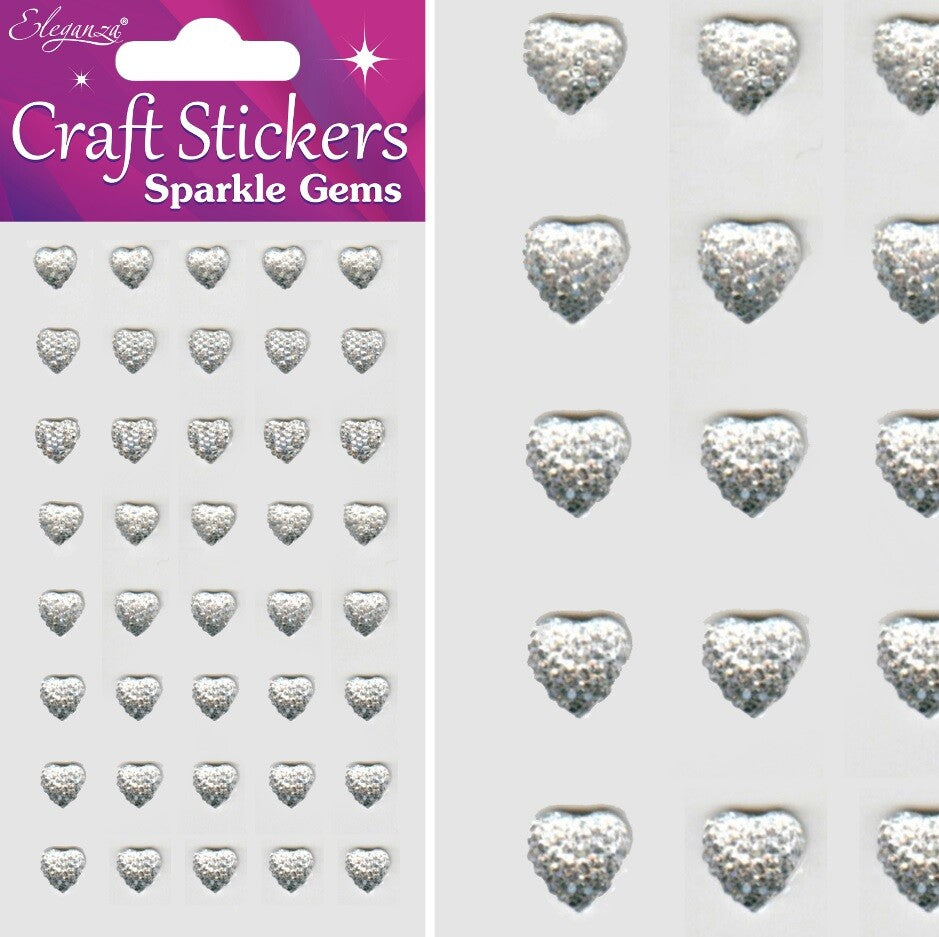 3D Stickers Craft Heart Glitter Gem Craft Embellishments Wedding Self Adhesive - 8mm Silver 40 piece Hearts