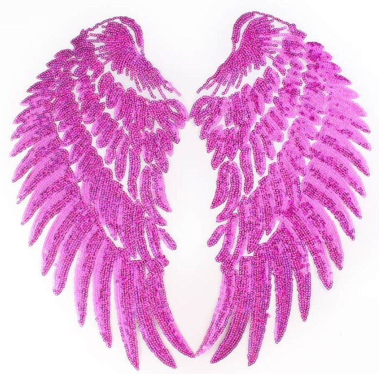Large Pair Sequins Wings Iron or Sew on Embroidery Patch Customise Clothing 33cm - Fuchsia