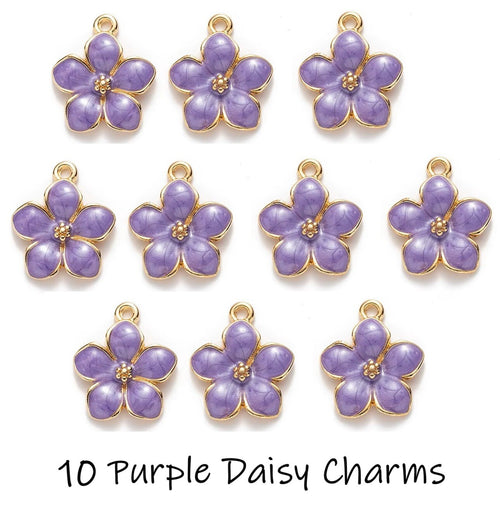 10 Purple Enamel Gold Plated Daisy Flower Charms Lilac Daisies Flowers Charms