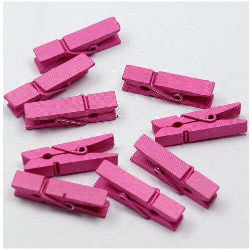 Small Craft Wooden Peg Clip Hanging Multiple Colours Card Wedding Photo Pegs - Fuchsia