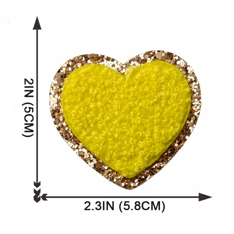5cm Chenille & Gold Towel Heart Patch Iron on Sew on Customise Clothing Craft - Yellow