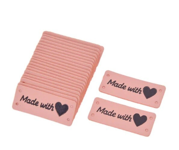 Faux Leather Labels Made with Love Sew On Garment Clothing Label Tags 5x2cm - Pink Design 1
