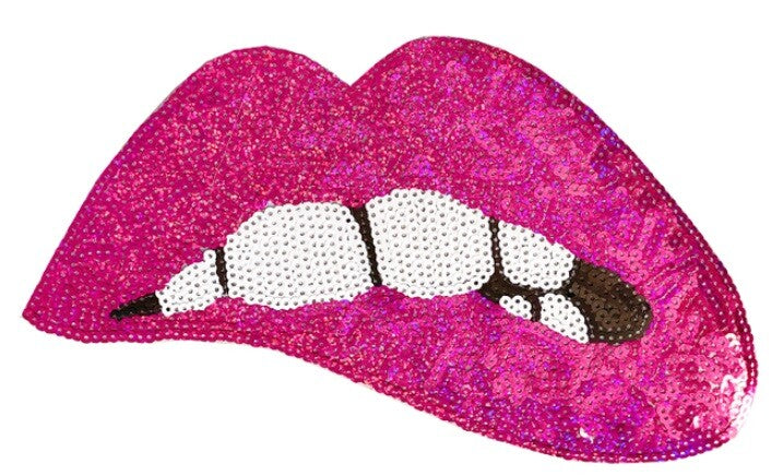 Large Rose Gold Silver Pink Lips Mouth Pop Art Lip Sequin Iron on Sew on Patch - Ab Fuchsia - Iron On
