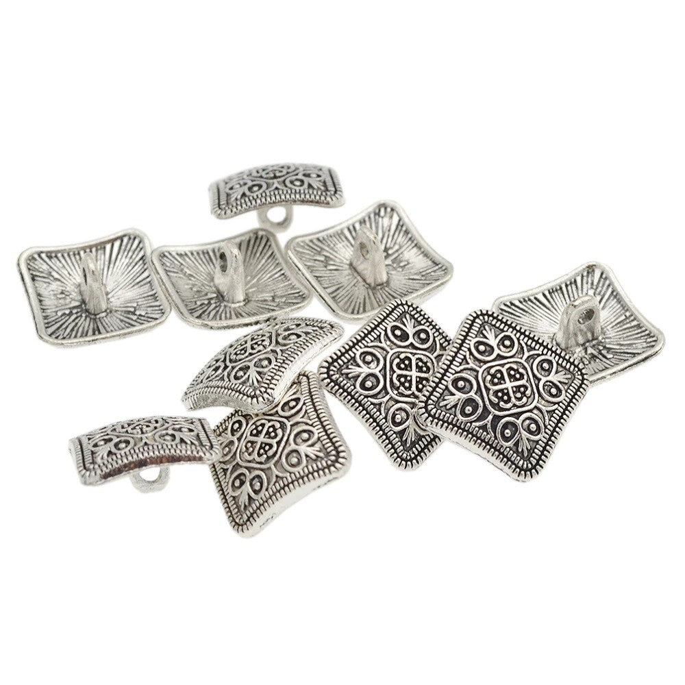 Antique Silver Metal Buttons Flower Square Round Side Shank