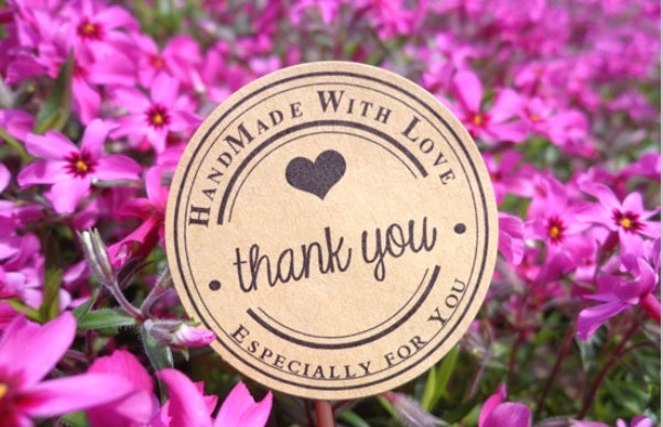 Round Paper Labels 'Thank you, Hand made with love' Gift Craft Stickers BL