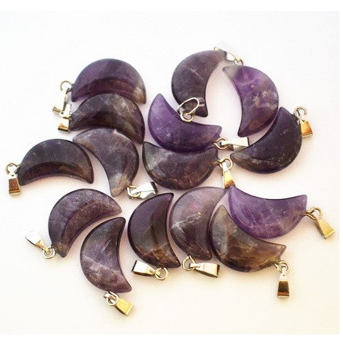 Natural Purple Amethyst Quartz Crescent Moon Necklace Pendant Healing & Gift Bag