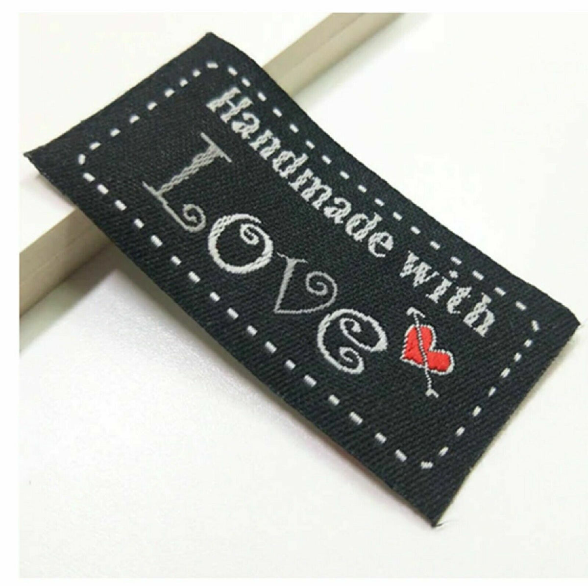 Fabric Labels 'Hand Made With Love' Sew On Garment Clothing Label Tags 50x25mm - Black