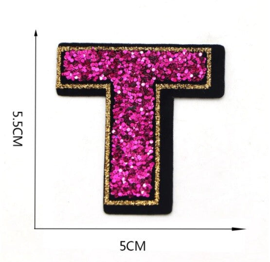 Large Pink Sequins Glitter Letter Patch Iron on Sew on Alphabet Customise 5.5cm - T