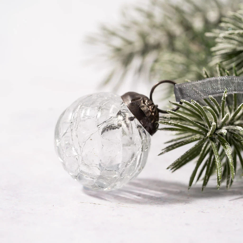 6 Pack Small Glass Handcrafted Baubles Premium Traditional Christmas Tree Craft - Set of 6 Clear Crackle Swirls