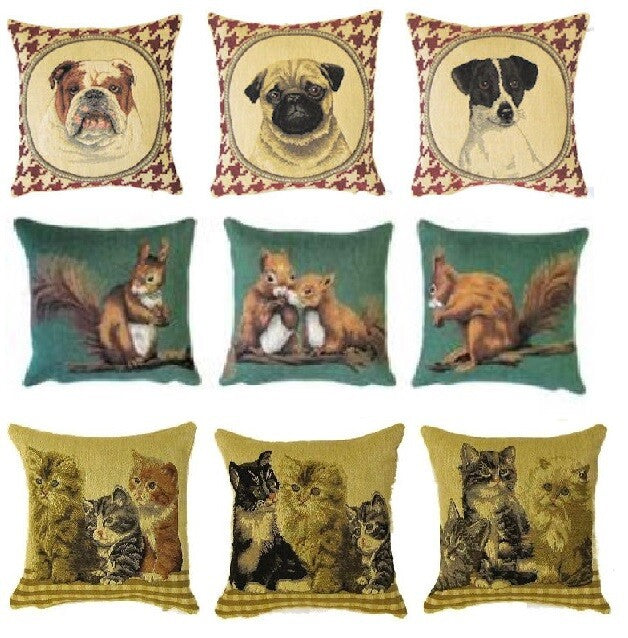 Set of 3 Belgian tapestry cushion covers with cats, dogs or squirrels, 25 x 25cm