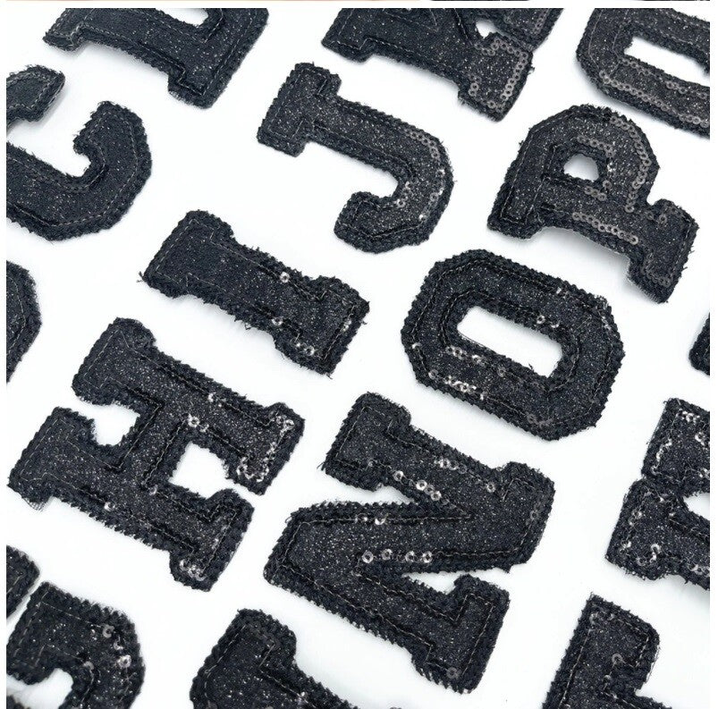 Sequins Letter Patch Patches Glue Sew on Alphabet Pink Black Silver Gold Sparkle - Black