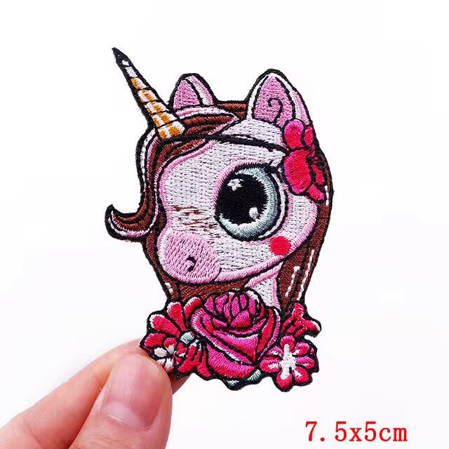 Unicorn Patch Rainbow Embroidered Iron on Sew on Patches Clothing Applique - Unicorn & Flowers Design 2