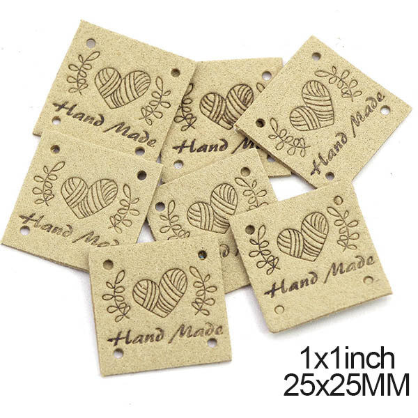 Faux Suede Square Labels Hand Made Heart Clothing Tag Label Tags 25x25mm - Design 1