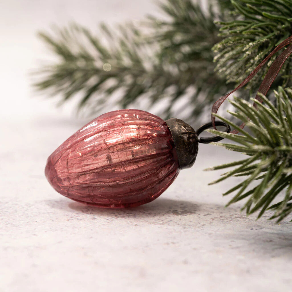 6 Pack Small Glass Handcrafted Baubles Premium Traditional Christmas Tree Craft - Set of 6 Small 1" Mauve Crackle Glass Pinecones