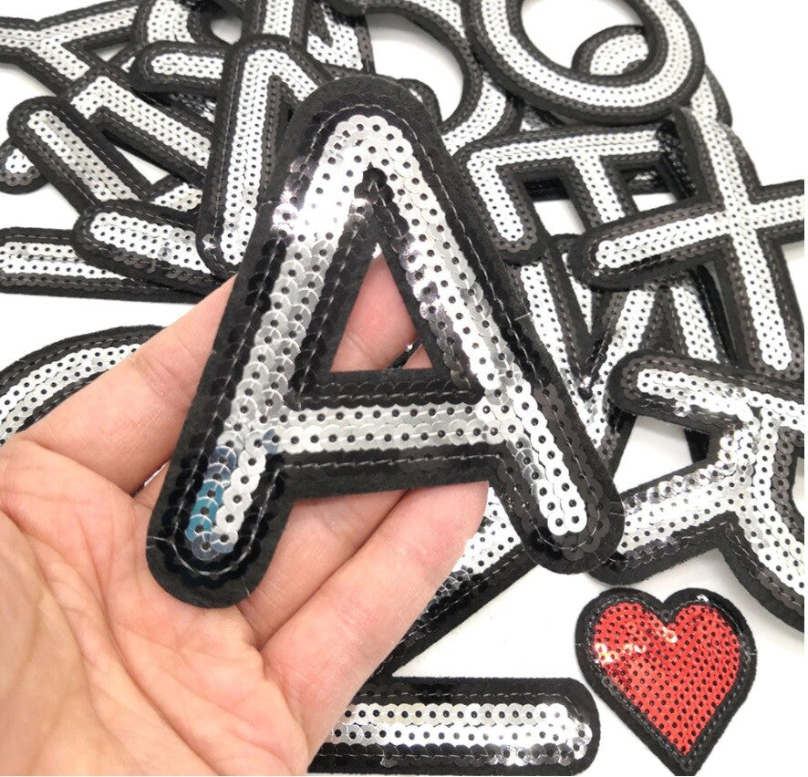 Large Silver & Black Sequins Letter Patch Iron on Alphabet Embroidery Customise
