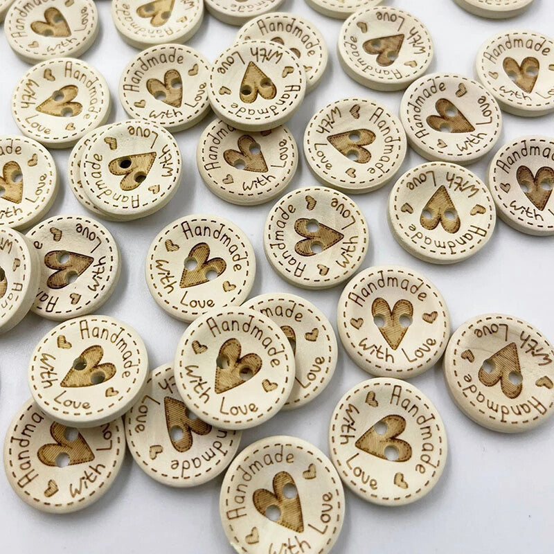 Handmade With Love Natural Wooden Round Heart Buttons - 2 Holes 15mm 20mm 25mm