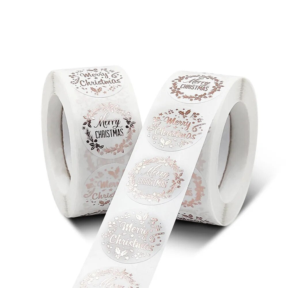 Merry Christmas Happy Xmas White & Rose Gold Labels Stickers Gift Sticker 2.5cm