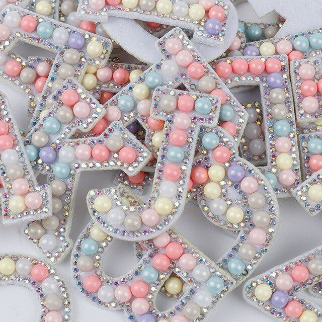 Pearlised Pastel Pearl Rhinestone Letter Patch Patches Iron on Sew on Alphabet