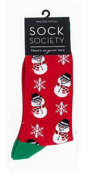 Sock Society Cotton Soft Stretchy Christmas Socks One Size Fits all (Adult 5-12) - Snowman Red 1 Pair