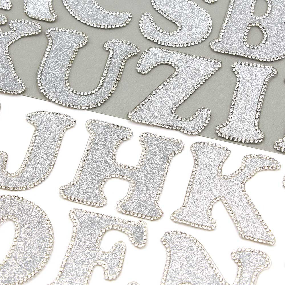 3D Rhinestone Silver Grey Glitter Letter Patch Iron on Alphabet Patches 5cm