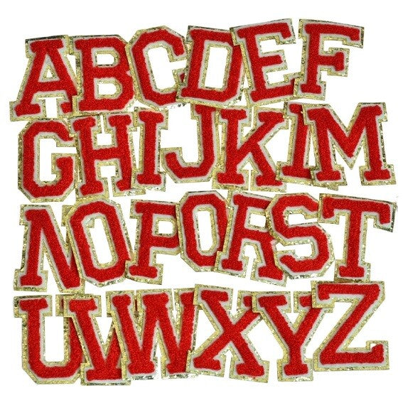 3D Multicolour & Gold Chenille Patch Letter Patches Iron on Alphabet 5.5cm - Red