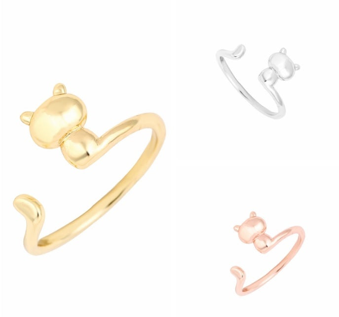 Cute Adjustable Kitty Cat Shaped Wrap Ring Silver Gold Rose Animal Kawaii