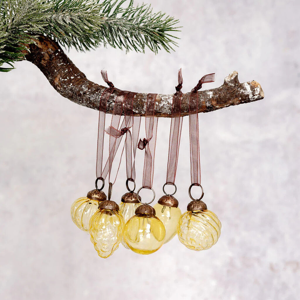 6 Pack Small Glass Handcrafted Baubles Premium Traditional Christmas Tree Craft - Set of 6 Small Mixed Gold Lustre Baubles