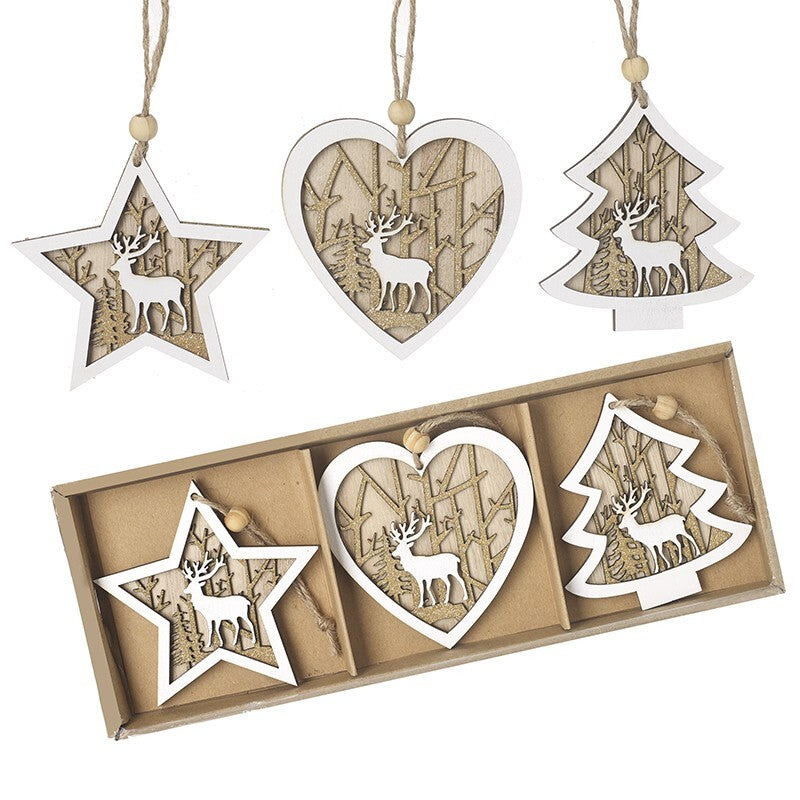 Wood Christmas Tree Decorations Wooden Xmas Baubles Hangers Nordic Rustic - 6 Pack Gold Star Heart Tree