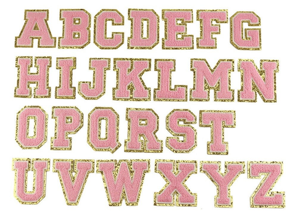 3D Coloured & Gold Chenille Patch Letter Patches Iron on Alphabet 5.5cm / 55mm - Pastel Pink