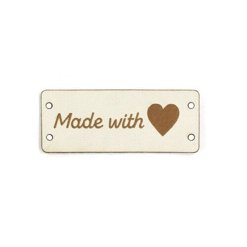 Faux Leather Labels Made with Love Sew On Garment Clothing Label Tags 50x20mm - White Design 1