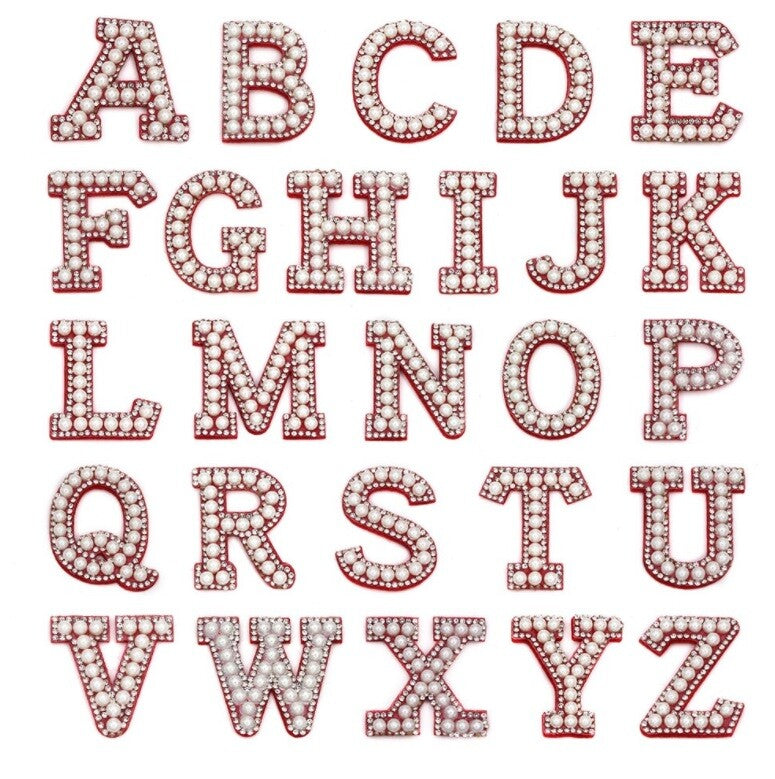 3D Red & Pearl Rhinestone Letter Patch Patches Glue / Sew on Alphabet Crystal