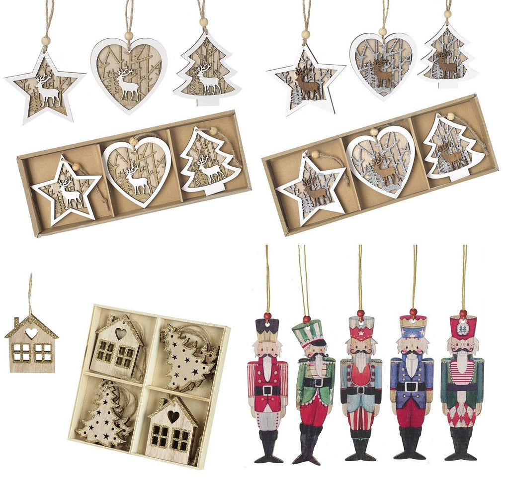Wood Christmas Tree Decorations Wooden Xmas Baubles Hangers Nordic Rustic