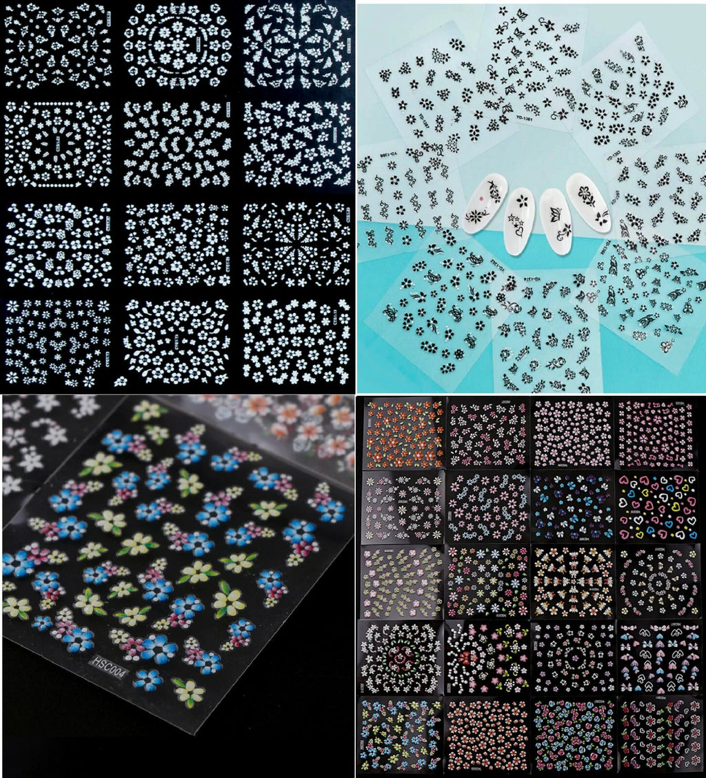 1 Sheet of 3D Nail Art Lace Stickers Decals Transfers Flowers Black White