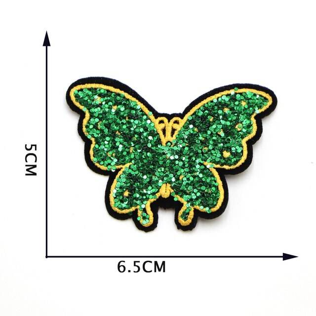 Butterfly Embroidered Iron on Glitter Sequins Patch Customise Clothing Patches - Green