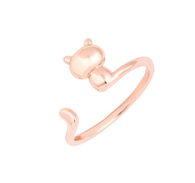 Cute Adjustable Kitty Cat Shaped Wrap Ring Silver Gold Rose Animal Kawaii - Rose Gold