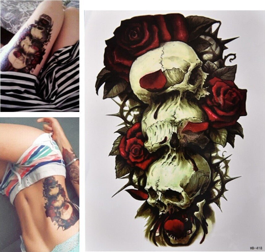 Large Waterproof 3D Traditional Skull & Roses Temporary Tattoo Sticker Art #2