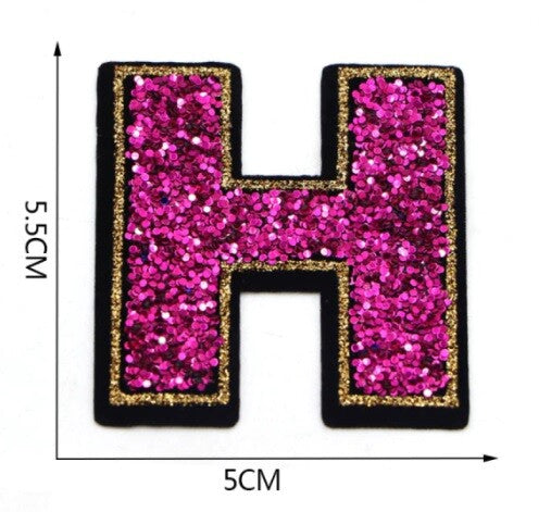 Large Pink Sequins Glitter Letter Patch Iron on Sew on Alphabet Customise 5.5cm - H