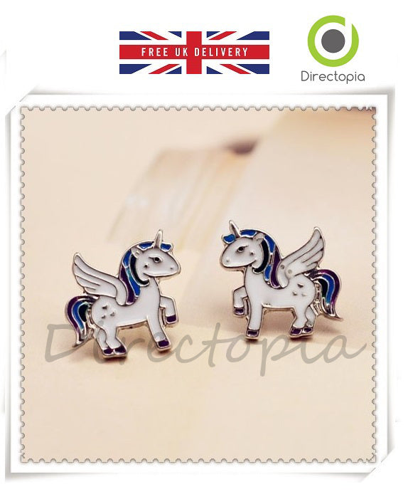 Magical Kawaii White Unicorn Horse Pegasus Stud Earrings & Mini Gift Box