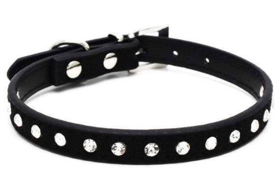 Suede Leather Dog Collar Diamante Puppy Bling Yorkie Teacup Chihuahua & Upwards - Black