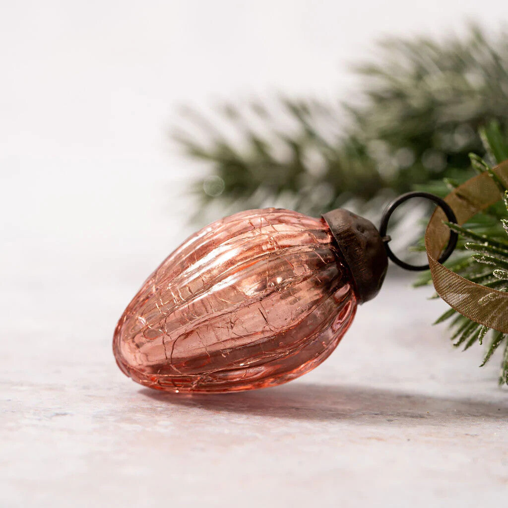 6 Pack Small Glass Handcrafted Baubles Premium Traditional Christmas Tree Craft - Set of 6 Small Rose Quartz Crackle Glass Pinecones