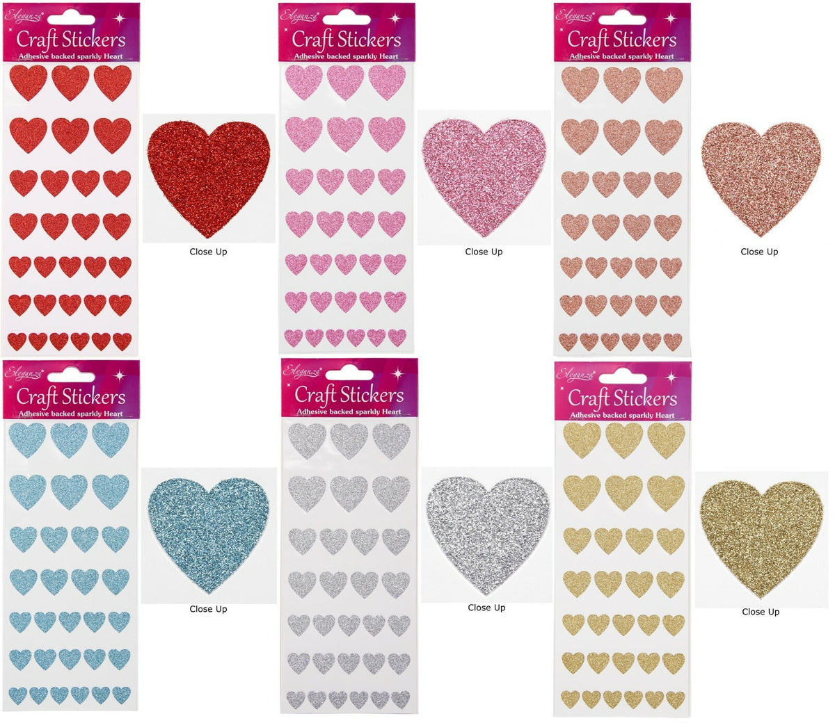 Self Adhesive Glitter Heart Sparkly Stickers Sheet of 30 - 4 Sizes of Hearts