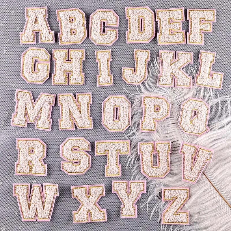 Pink Gold & Beige Chenille Patch Letter Patches Iron on Alphabet Letters 5.5cm