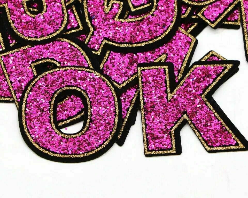 Large Pink Sequins Glitter Letter Patch Iron on Sew on Alphabet Customise 5.5cm
