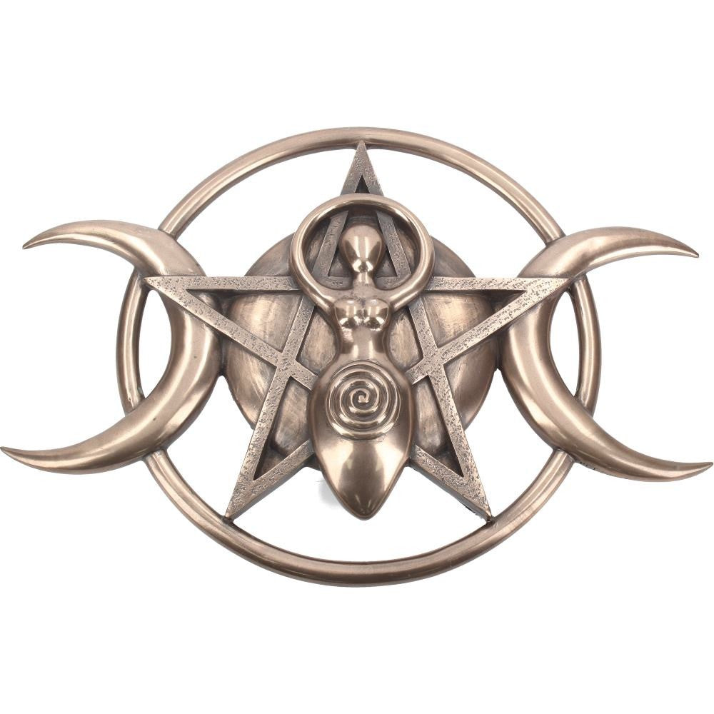 Bronze Triple Moon Goddess Pentagram Pagan Wiccan Wall Plaque Art 30cm