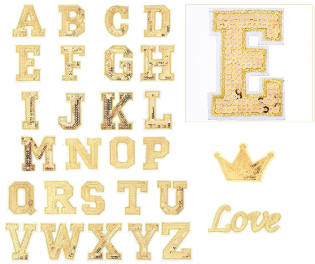 Gold Sequins Varsity Letter Patch Iron or Sew on Alphabet Customise Clothing 5cm