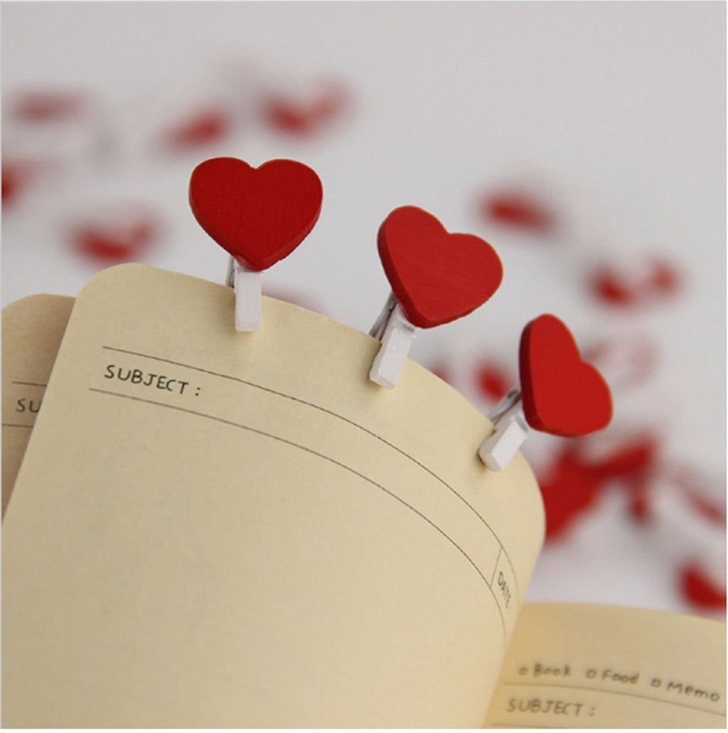 Mini Wooden White Pegs with Red Hearts Craft Wedding Hanging Photo Clips Wood