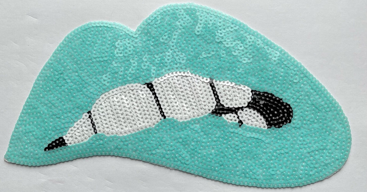 Large Rose Gold Silver Pink Lips Mouth Pop Art Lip Sequin Iron on Sew on Patch - Matt Mint - Iron On