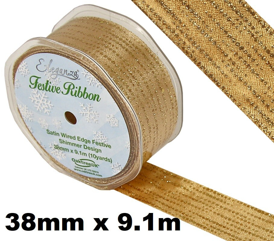 Eleganza Festive Christmas Ribbon Roll Craft Wreath Bows Gifts Tree Decoration - Festive Shimmer Gold